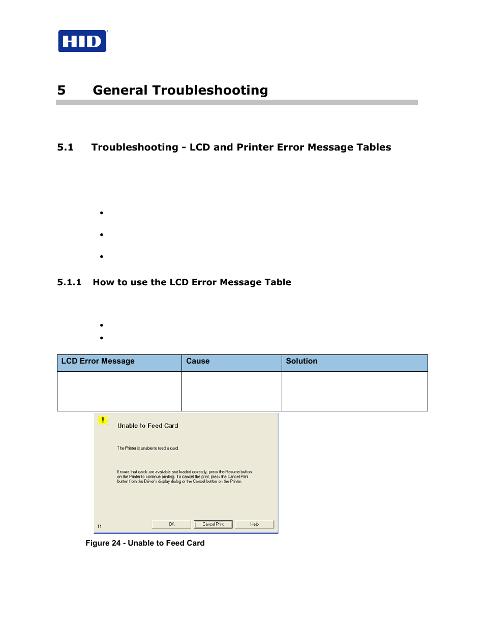 5 general troubleshooting, 1 how to use the lcd error message table, 5general troubleshooting | HID FARGO HDP5000 User Guide User Manual | Page 64 / 100