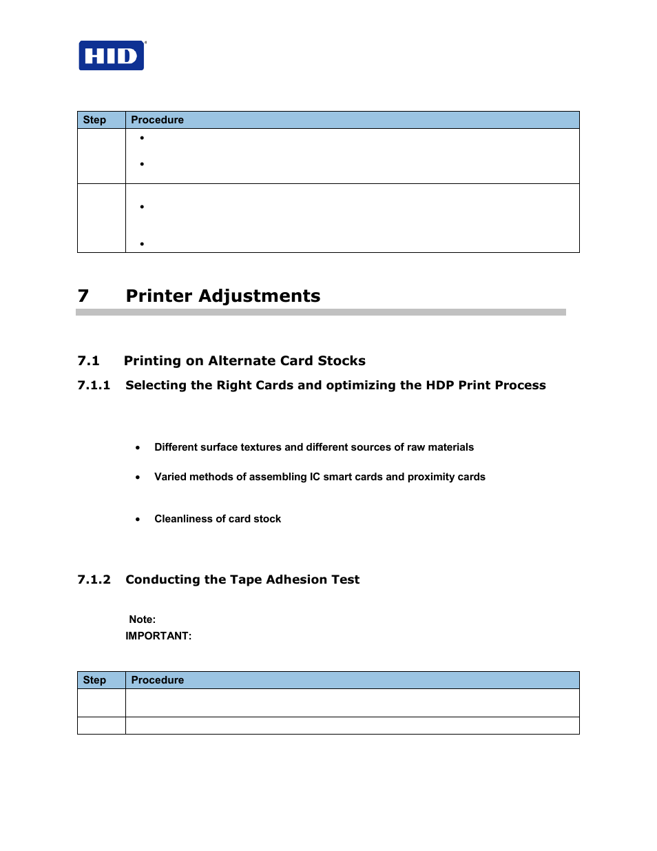 7 printer adjustments, 1 printing on alternate card stocks, 2 conducting the tape adhesion test | 7printer adjustments | HID FARGO HDP5000 User Guide User Manual | Page 82 / 100