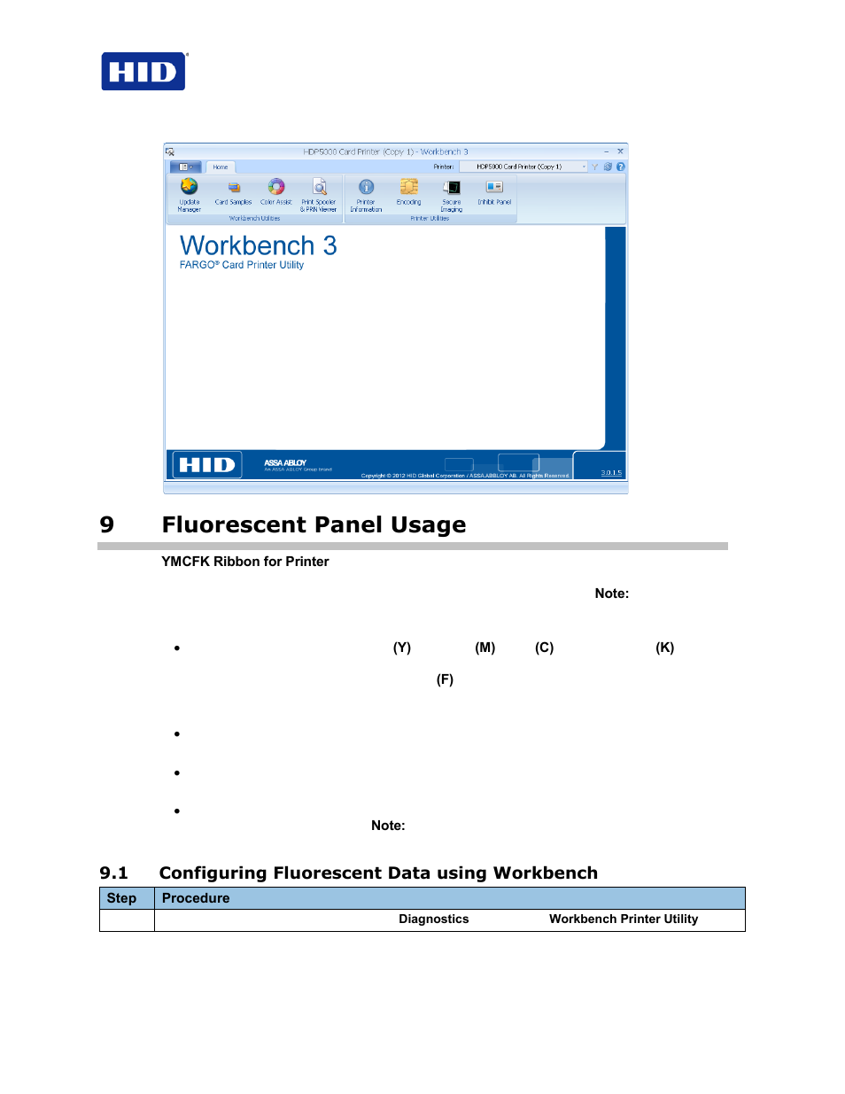 9 fluorescent panel usage, 1 configuring fluorescent data using workbench, 9fluorescent panel usage | HID FARGO HDP5000 User Guide User Manual | Page 84 / 100