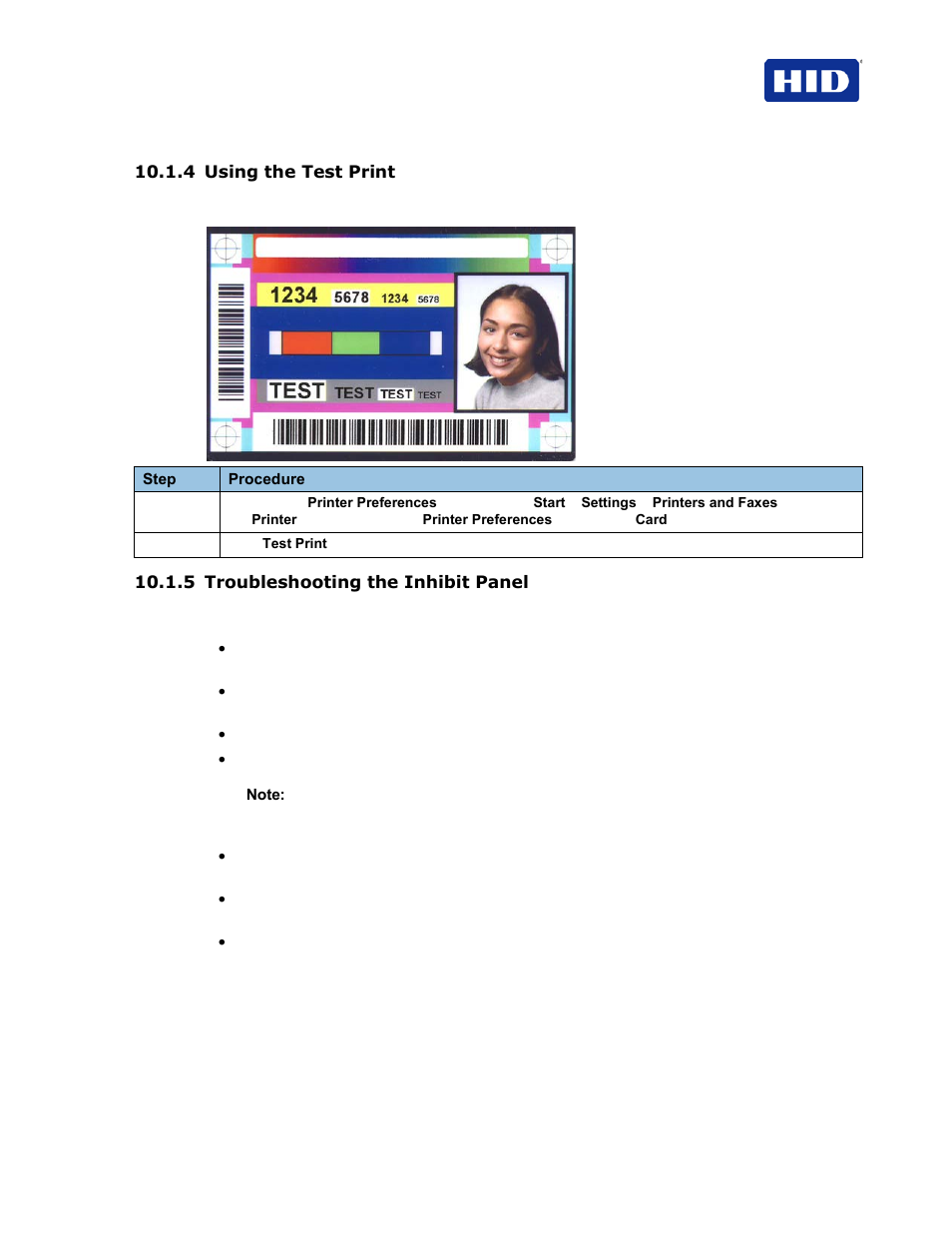 4 using the test print, 5 troubleshooting the inhibit panel | HID FARGO HDP5000 User Guide User Manual | Page 95 / 100