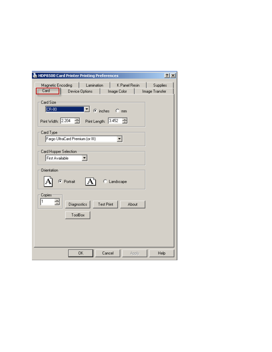 Section 4: printer driver operations, Using the card tab | HID FARGO HDP8500 User Guide User Manual | Page 55 / 192