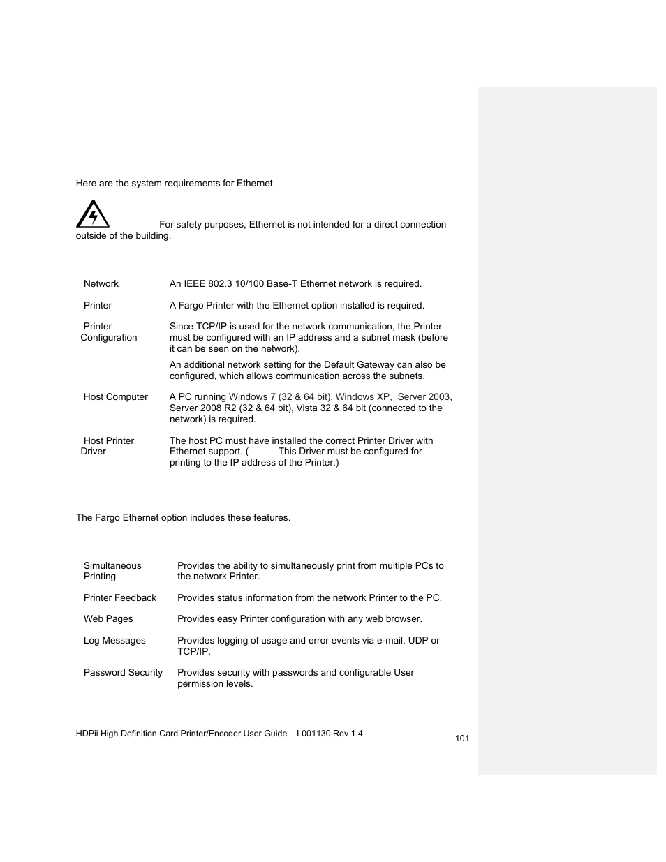 Technical specification - ethernet option, Functional specification - ethernet option | HID FARGO HDPii User Guide User Manual | Page 101 / 310