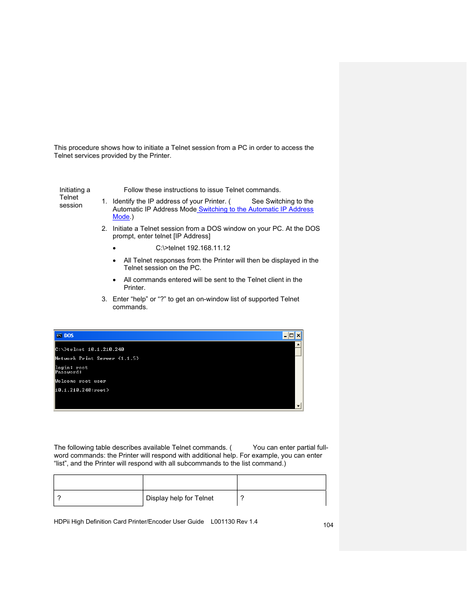 Telnet command line interface, Initiating a telnet session, Reviewing the telnet command table | HID FARGO HDPii User Guide User Manual | Page 104 / 310