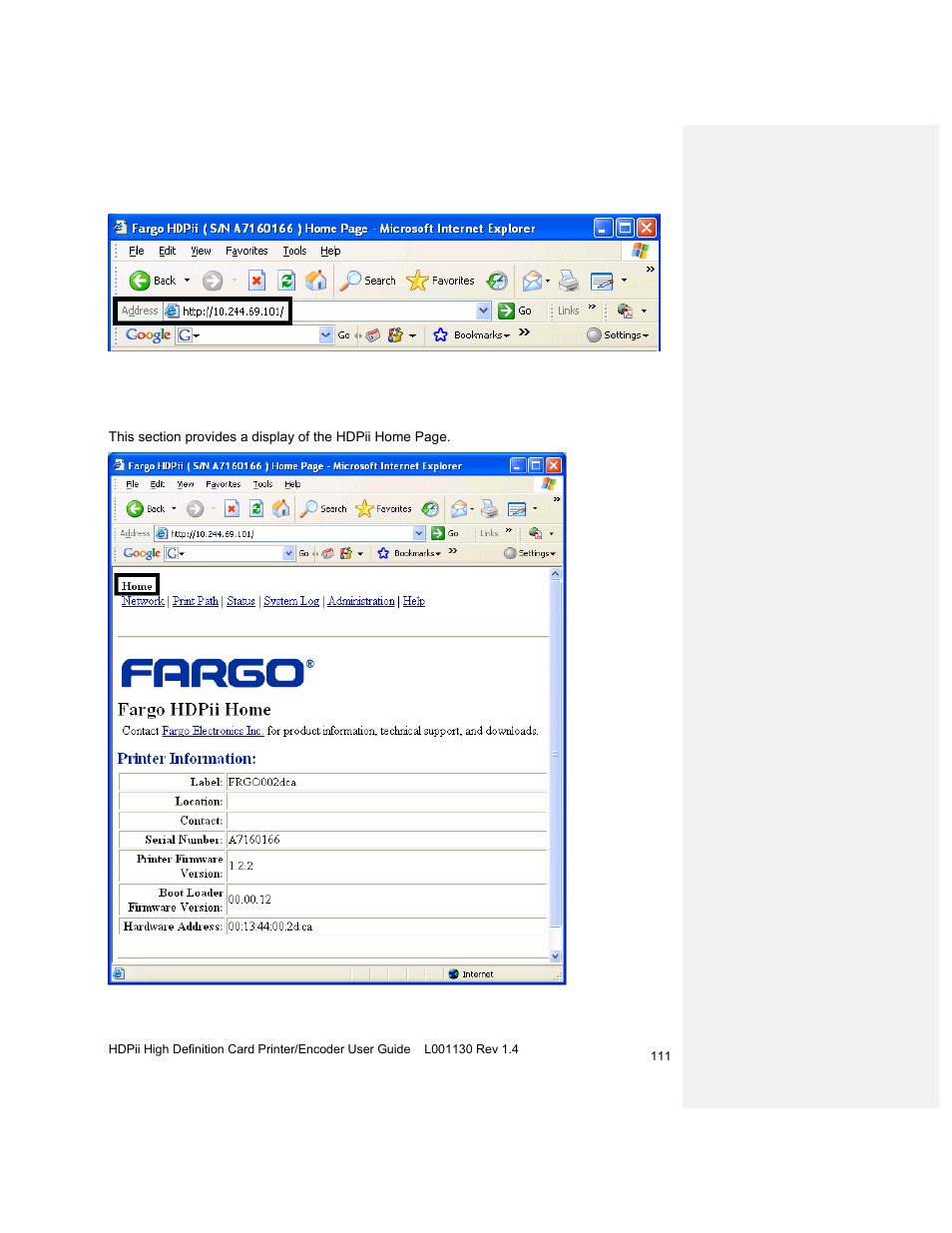 Reviewing the home page | HID FARGO HDPii User Guide User Manual | Page 111 / 310