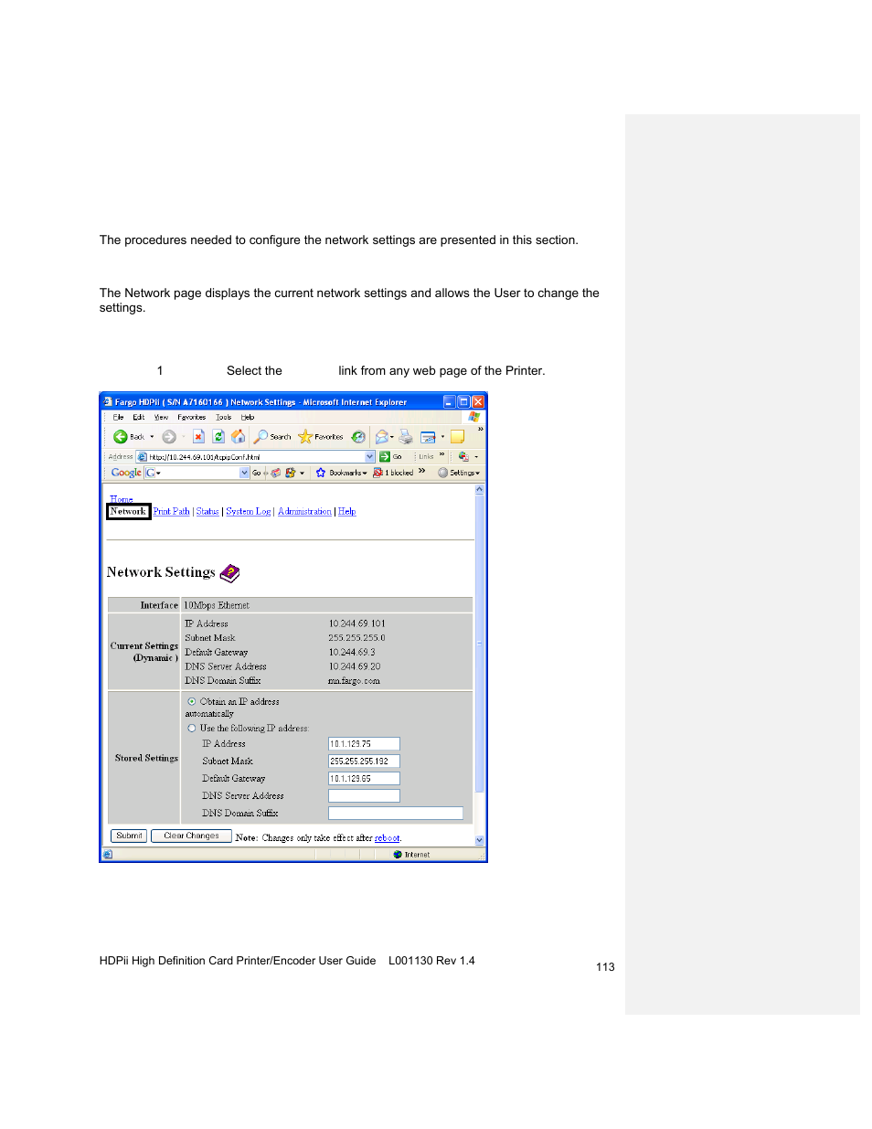 Configuring the network settings | HID FARGO HDPii User Guide User Manual | Page 113 / 310