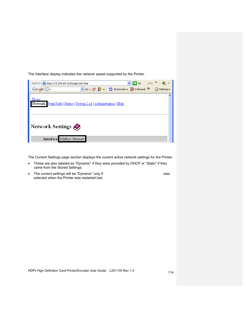 Reviewing the interface, Reviewing the current settings | HID FARGO HDPii User Guide User Manual | Page 114 / 310