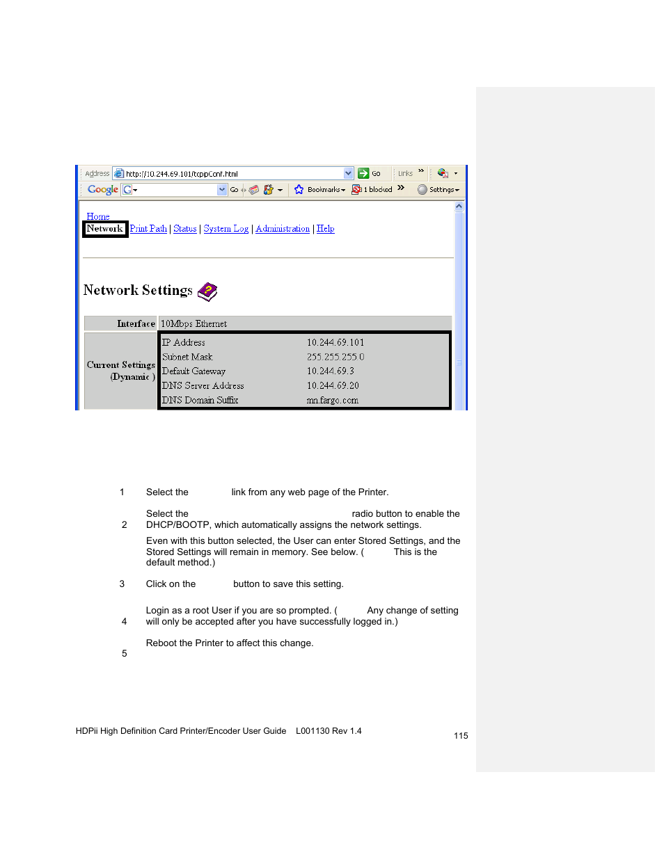 Switching to the automatic ip address mode, Ess mode, Switching to the automatic ip address | Mode | HID FARGO HDPii User Guide User Manual | Page 115 / 310