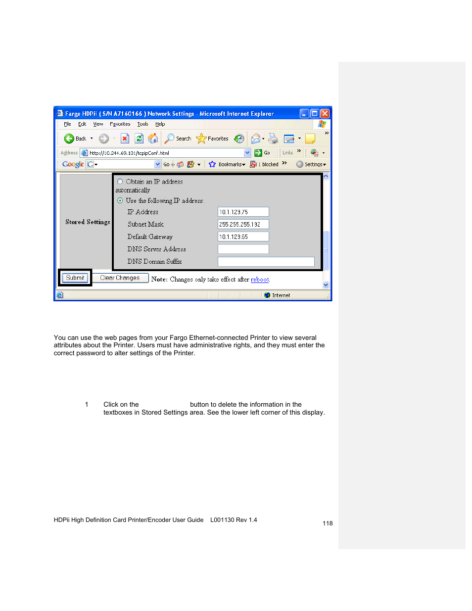 Using the clear changes button, Reviewing web page security | HID FARGO HDPii User Guide User Manual | Page 118 / 310