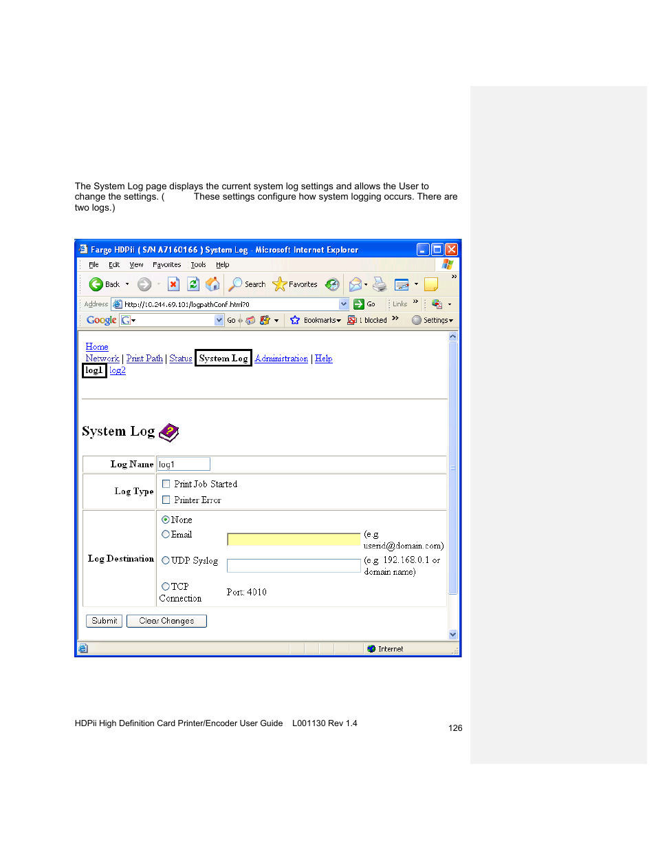 Using the system log page | HID FARGO HDPii User Guide User Manual | Page 126 / 310
