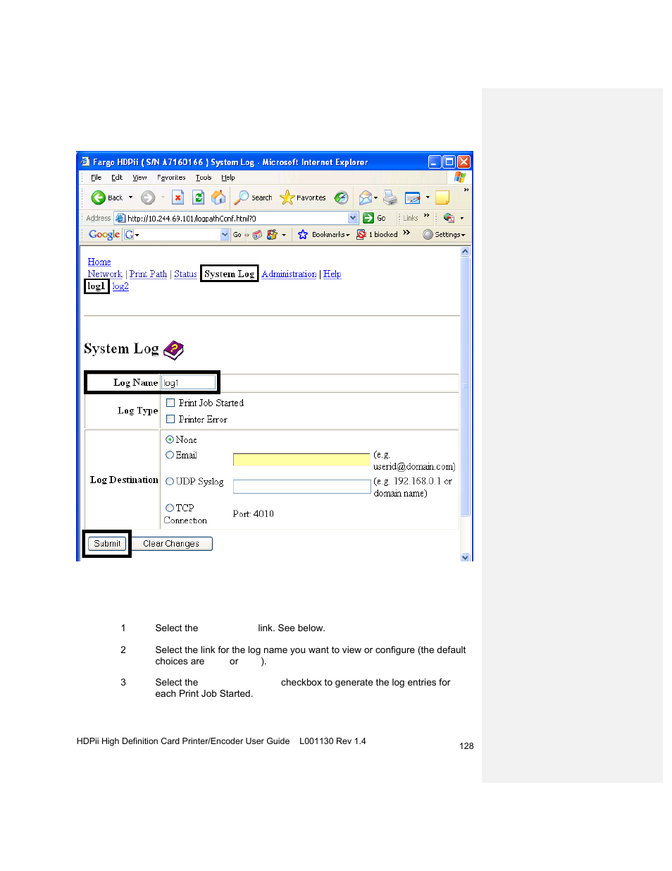 Selecting the log type | HID FARGO HDPii User Guide User Manual | Page 128 / 310