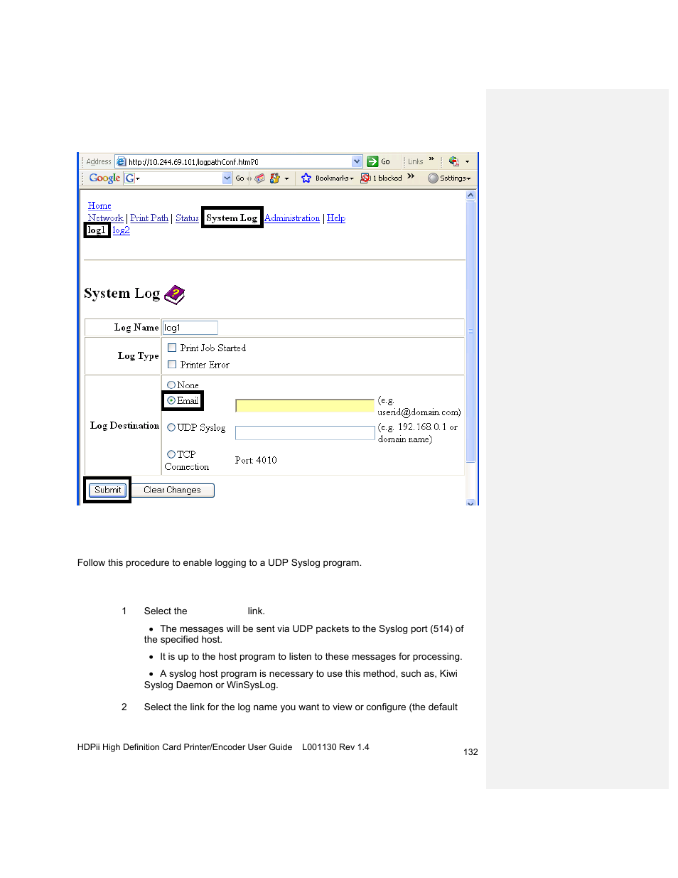 Specifying udp event logging | HID FARGO HDPii User Guide User Manual | Page 132 / 310