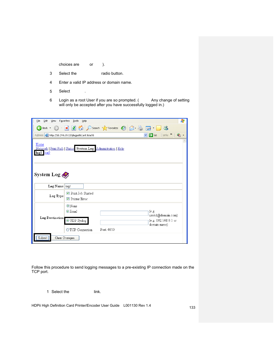 Specifying tcp event logging | HID FARGO HDPii User Guide User Manual | Page 133 / 310