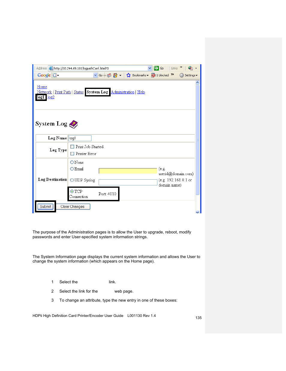 Using the administration pages | HID FARGO HDPii User Guide User Manual | Page 135 / 310