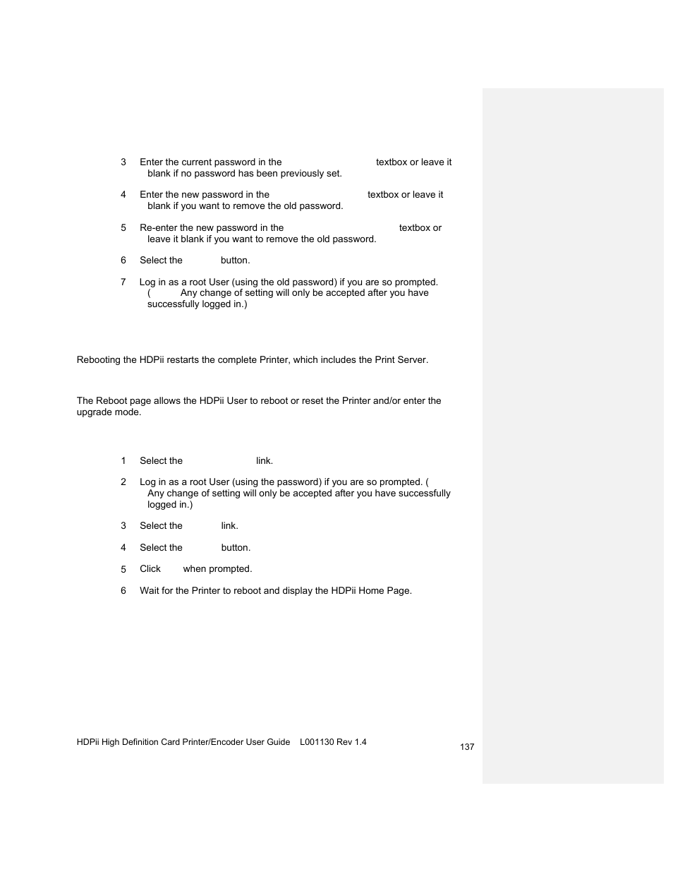 Rebooting the printer, Using the reboot pages | HID FARGO HDPii User Guide User Manual | Page 137 / 310