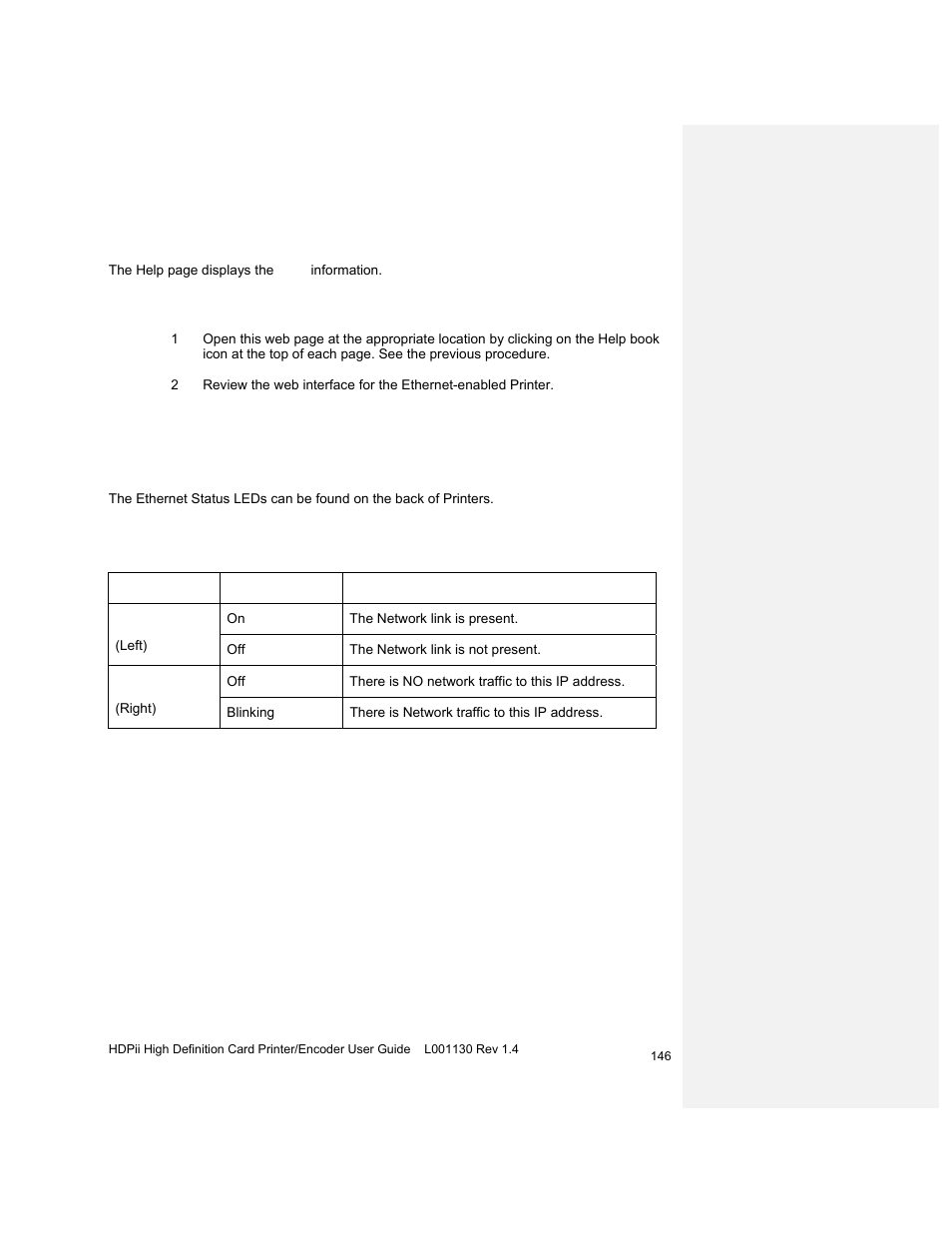 Additional procedures, Accessing the ethernet status led, Reviewing the hdpii led table | Using the help page | HID FARGO HDPii User Guide User Manual | Page 146 / 310