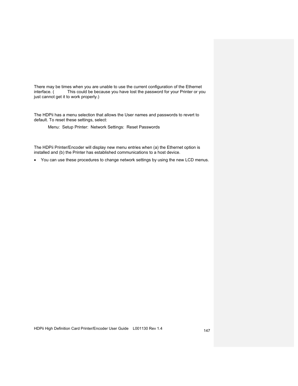 Restoring the factory settings for ethernet, Resetting the hdpii settings, Changing the hdpii lcd network settings | HID FARGO HDPii User Guide User Manual | Page 147 / 310