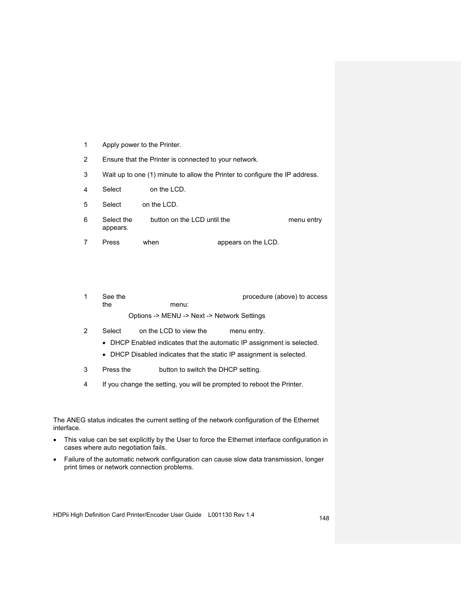 Accessing the network setup menu, Changing the dhcp setting, Changing the aneg setting | HID FARGO HDPii User Guide User Manual | Page 148 / 310