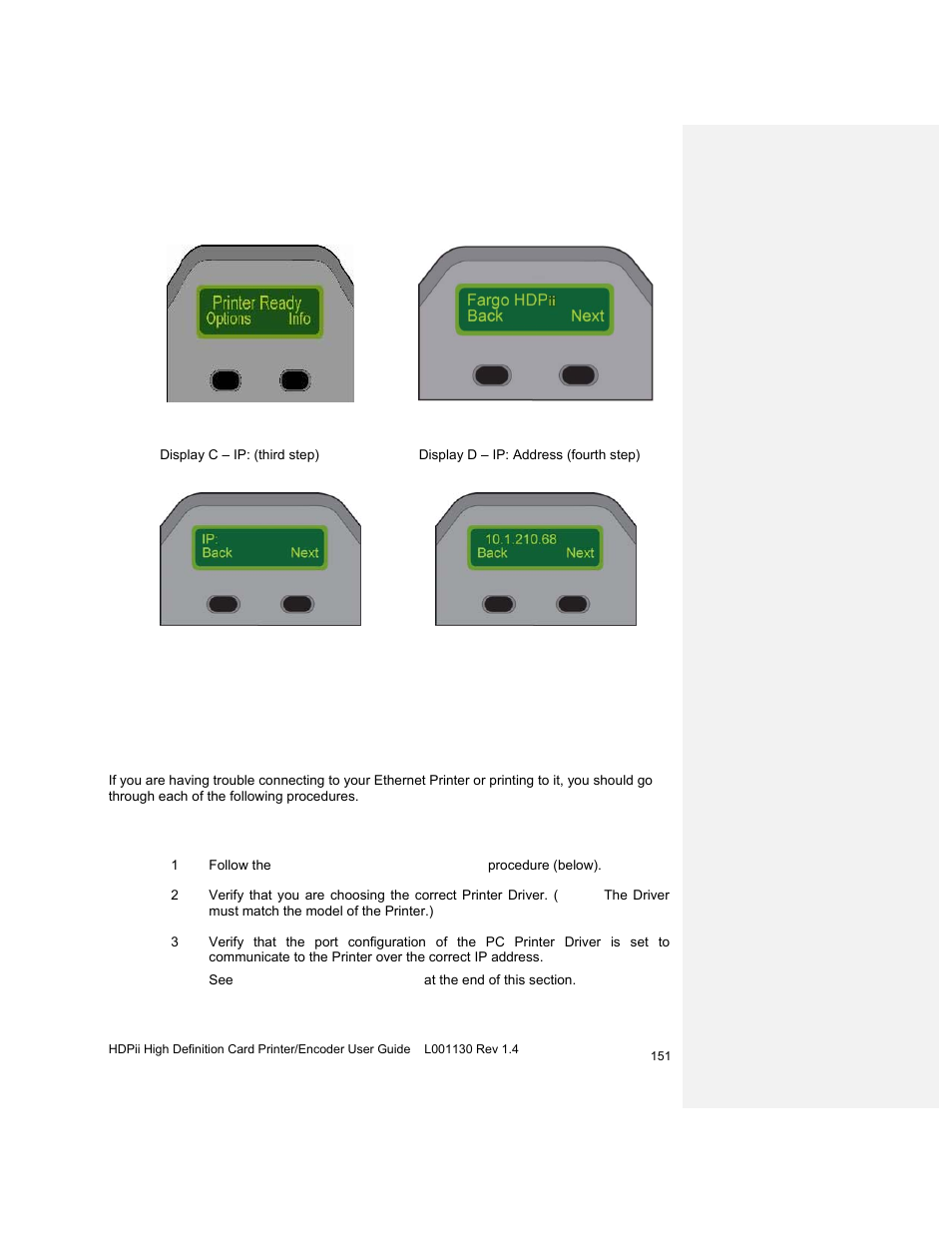 Ethernet printer troubleshooting procedures, Troubleshooting procedures | HID FARGO HDPii User Guide User Manual | Page 151 / 310