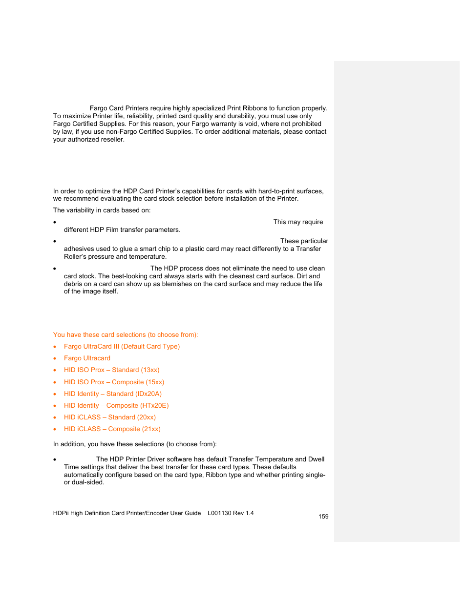 Printing on alternate card stocks, Selecting the appropriate printer driver settings | HID FARGO HDPii User Guide User Manual | Page 159 / 310