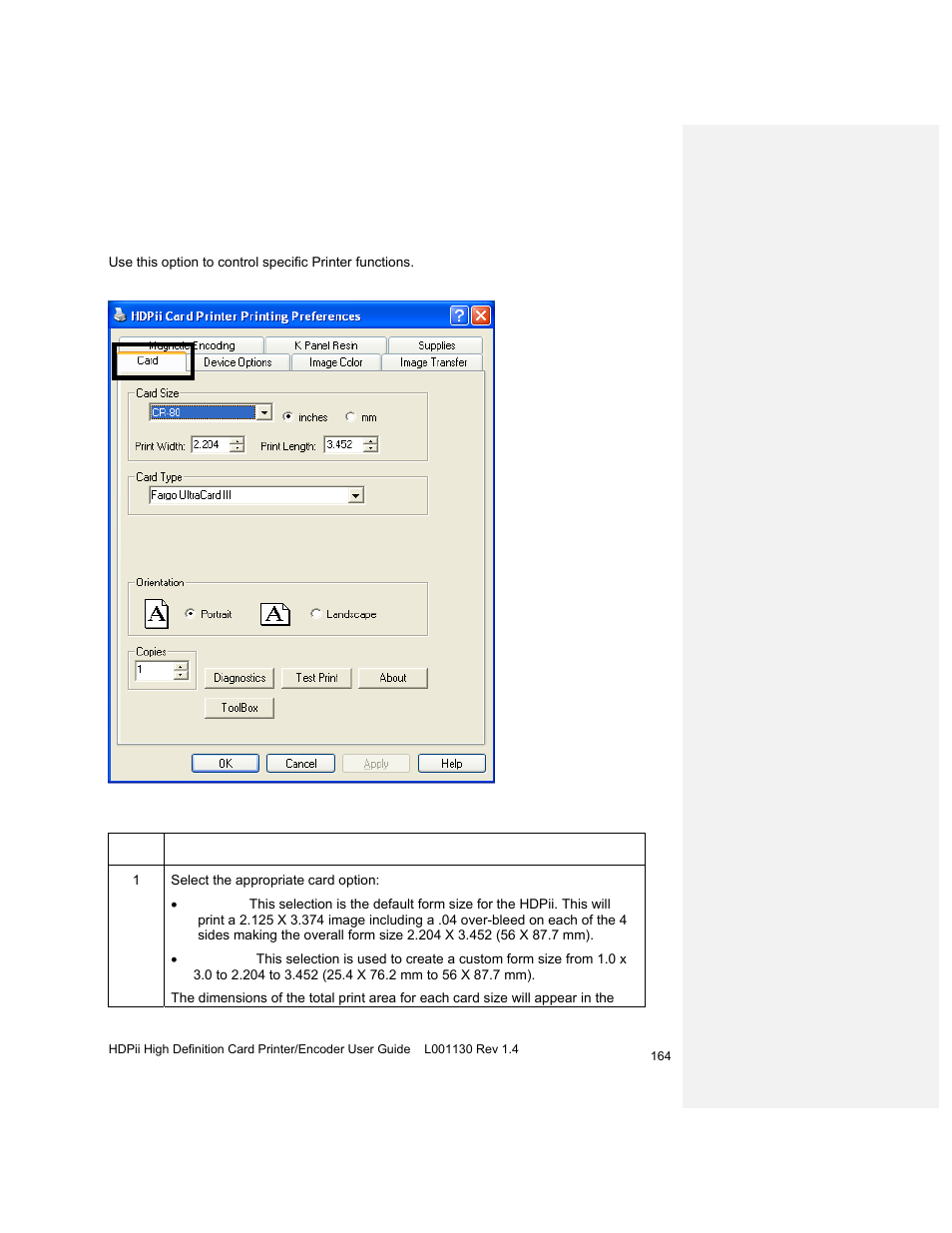 Using the card tab, Selecting the card size | HID FARGO HDPii User Guide User Manual | Page 164 / 310