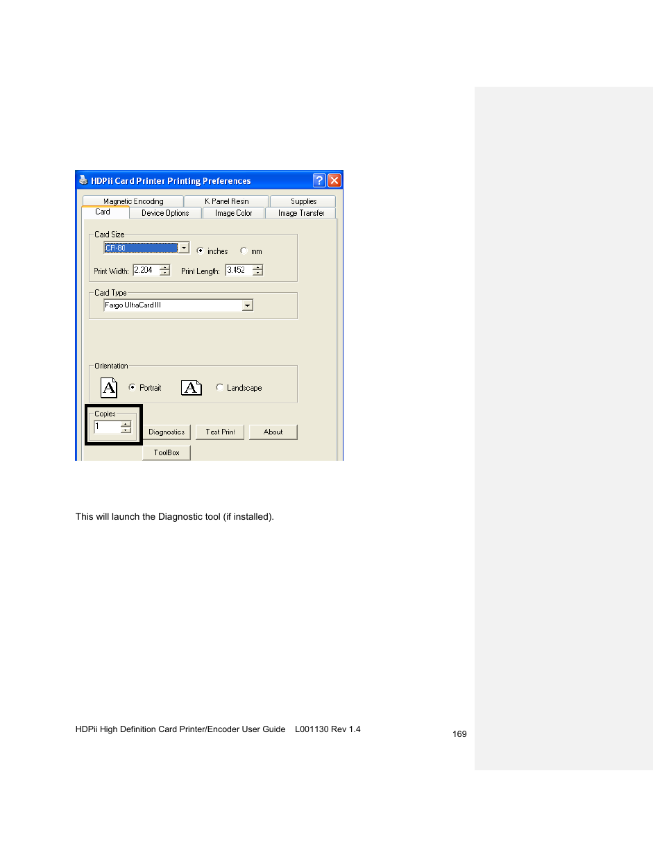 Selecting the diagnostics button | HID FARGO HDPii User Guide User Manual | Page 169 / 310