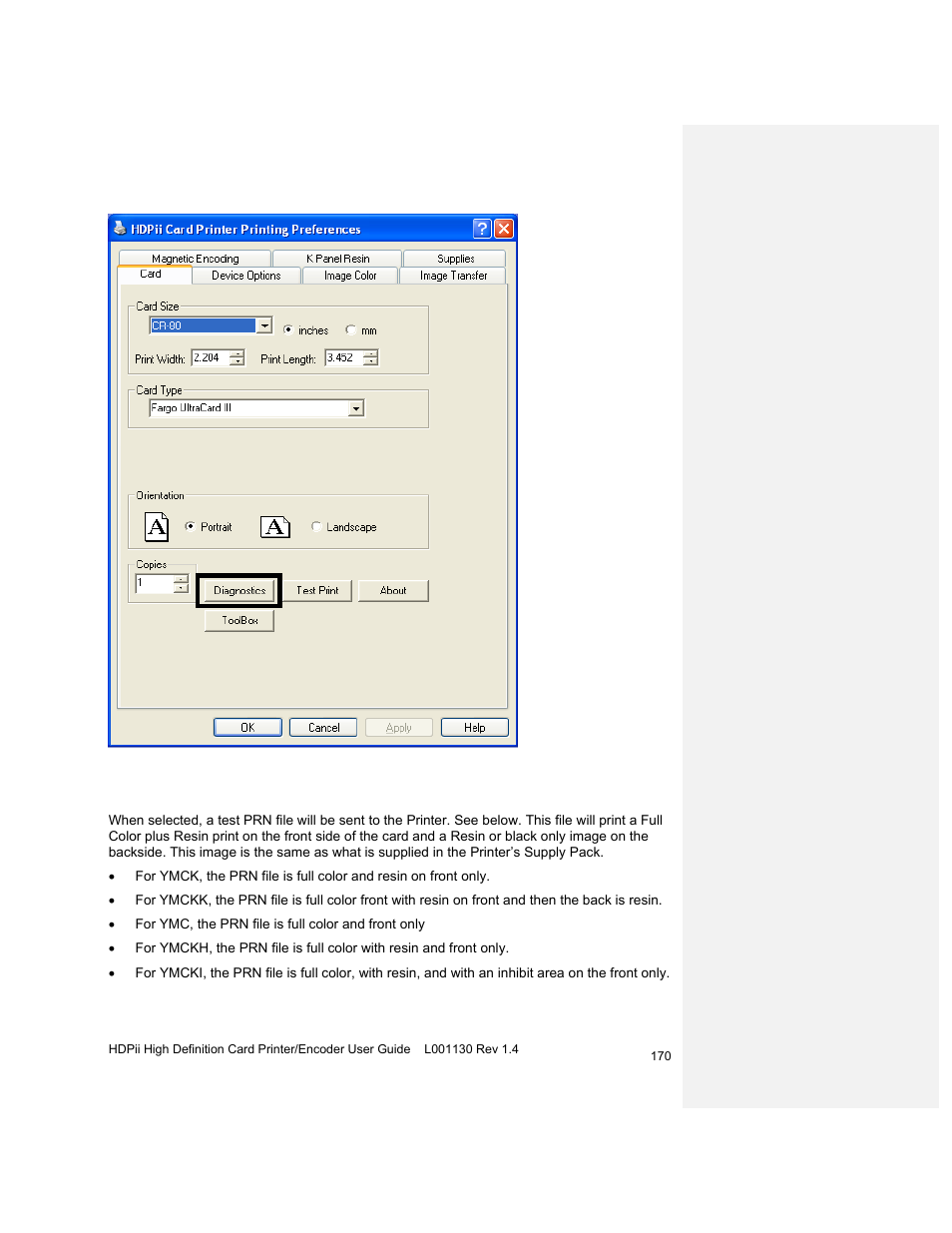 Selecting the test print button | HID FARGO HDPii User Guide User Manual | Page 170 / 310