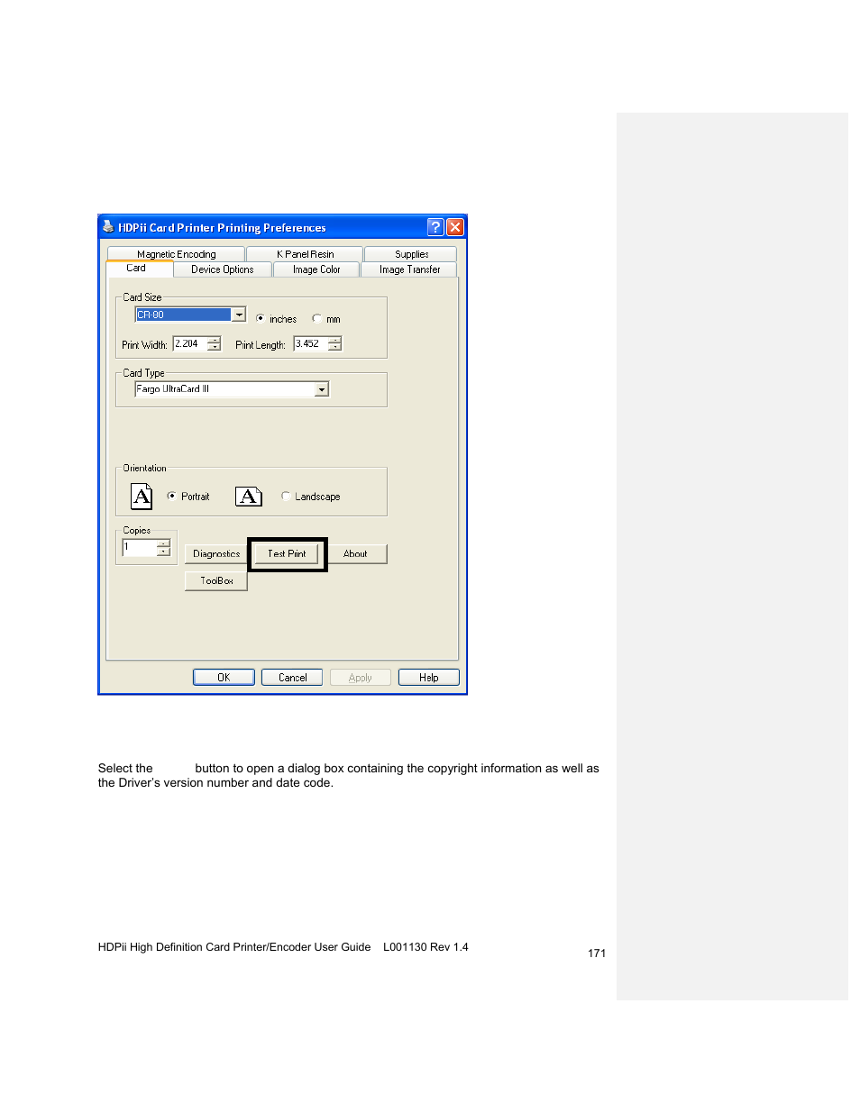 Selecting the about button | HID FARGO HDPii User Guide User Manual | Page 171 / 310