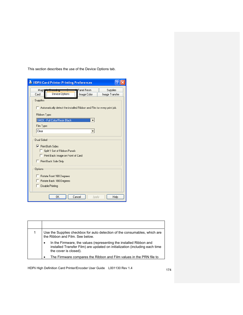 Using the device options tab, Detecting supplies at print time function | HID FARGO HDPii User Guide User Manual | Page 174 / 310