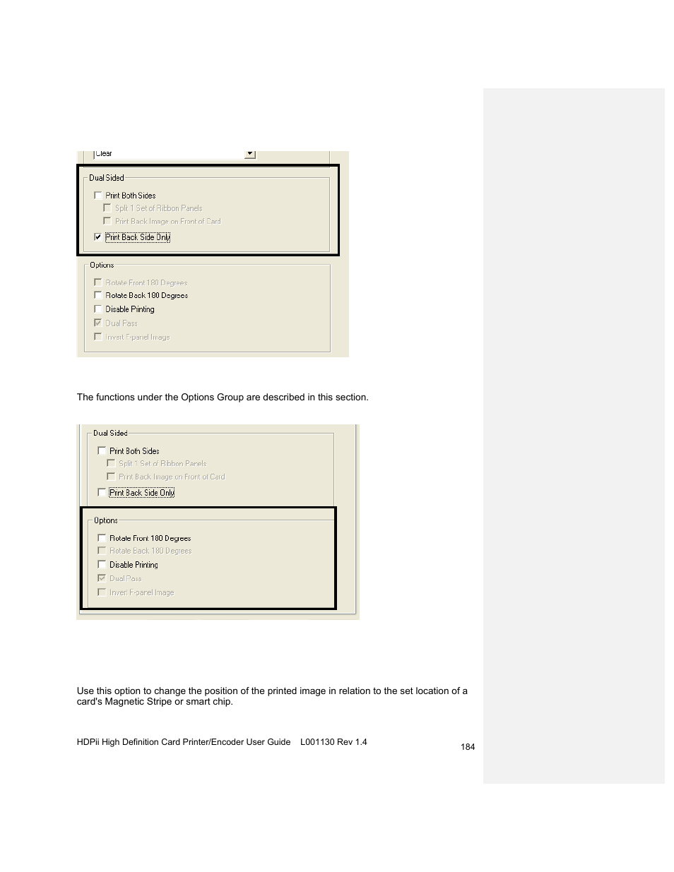 Using the device options group | HID FARGO HDPii User Guide User Manual | Page 184 / 310