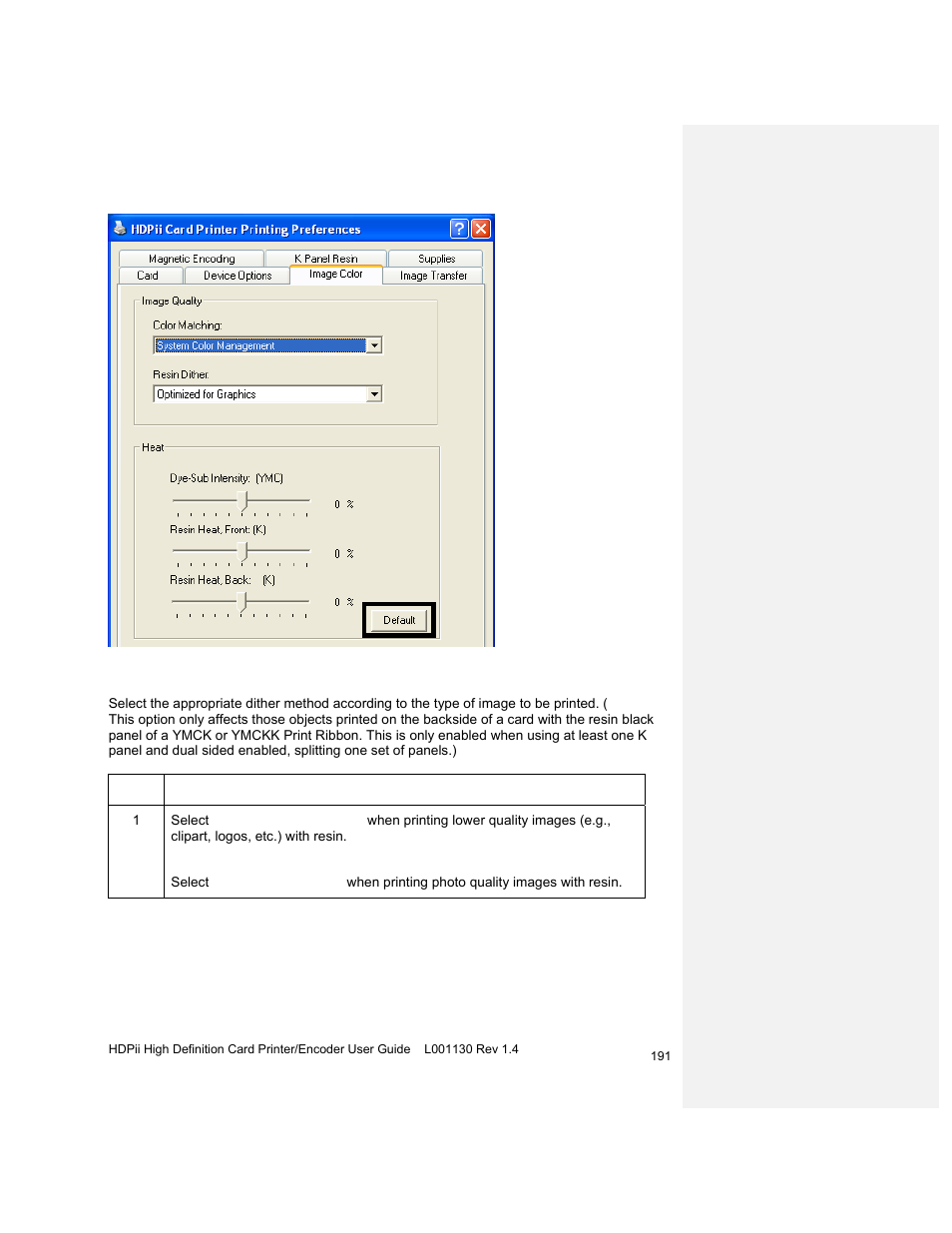 Adjusting for the resin dither | HID FARGO HDPii User Guide User Manual | Page 191 / 310