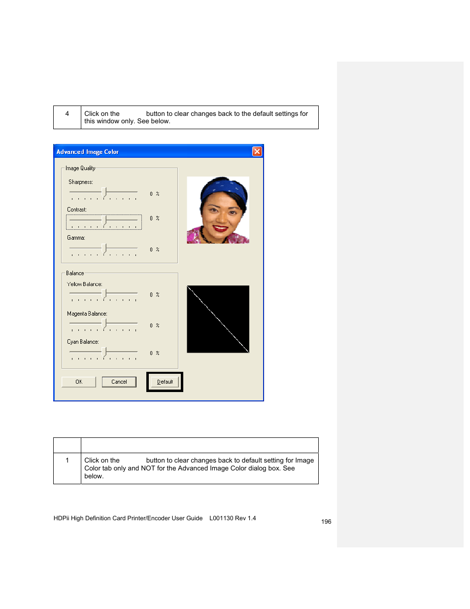 Using the default button on the image color tab | HID FARGO HDPii User Guide User Manual | Page 196 / 310