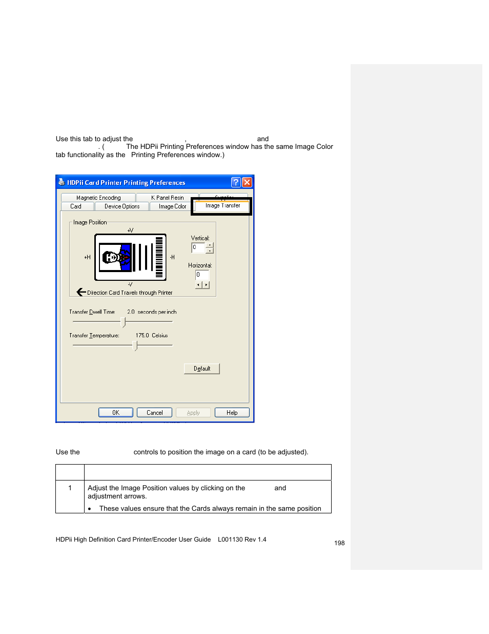 Using the image transfer tab, Adjusting the image position controls | HID FARGO HDPii User Guide User Manual | Page 198 / 310