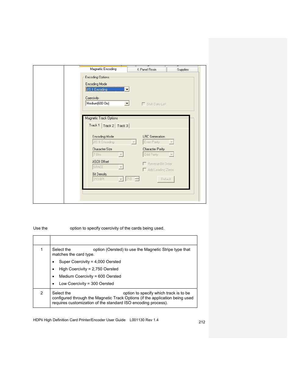 Selecting the coercivity/magnetic track | HID FARGO HDPii User Guide User Manual | Page 212 / 310