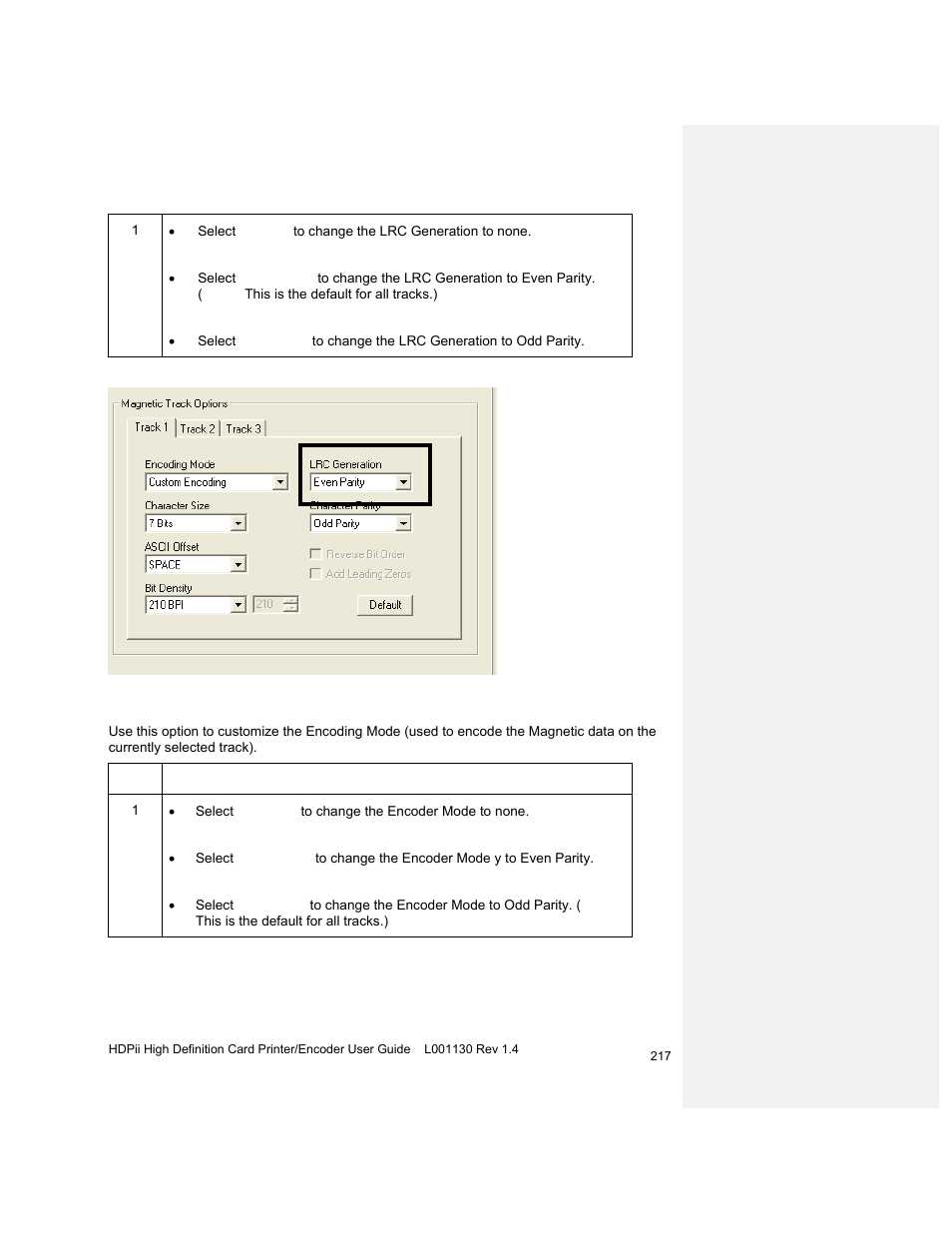 Using the character parity dropdown list | HID FARGO HDPii User Guide User Manual | Page 217 / 310