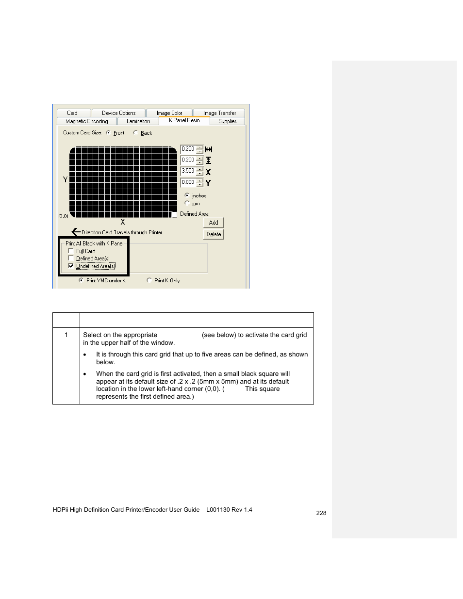 Defining the area to activate the card grid | HID FARGO HDPii User Guide User Manual | Page 228 / 310