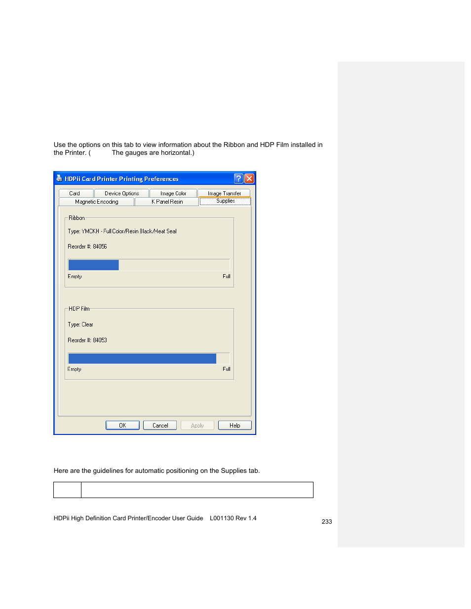 Using the printer supplies tab, Reviewing information on the supplies tab | HID FARGO HDPii User Guide User Manual | Page 233 / 310