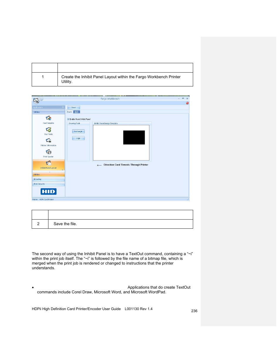 Using inhibit panel (from an application), Generating textout commands | HID FARGO HDPii User Guide User Manual | Page 236 / 310