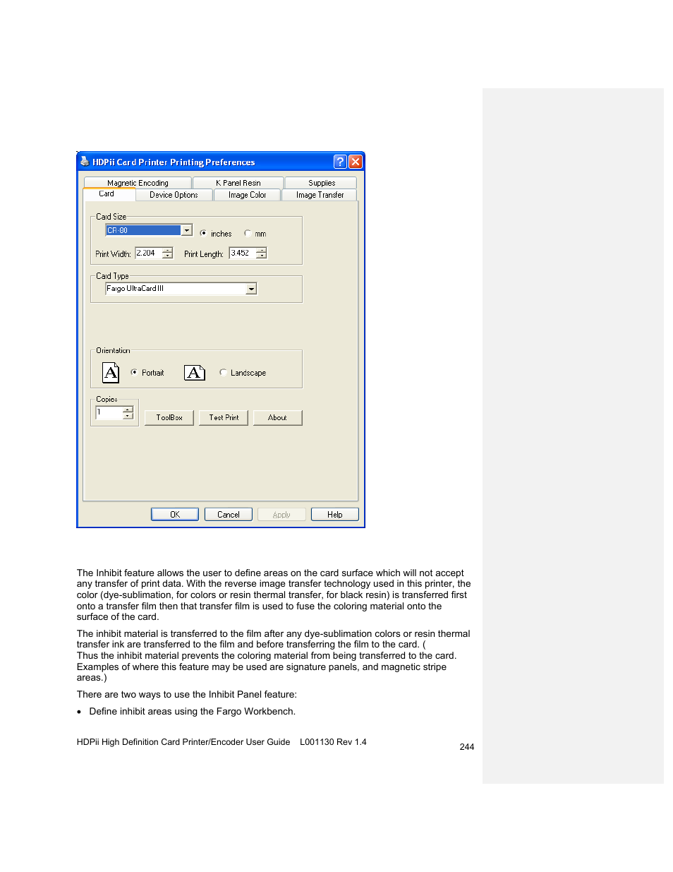 Inhibit panel feature operation | HID FARGO HDPii User Guide User Manual | Page 244 / 310