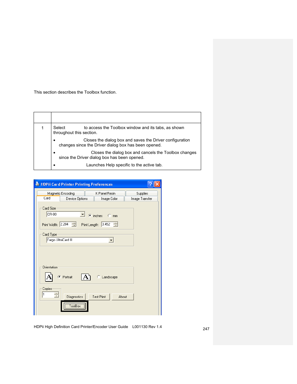 Section 9: toolbox, Accessing the toolbox | HID FARGO HDPii User Guide User Manual | Page 247 / 310