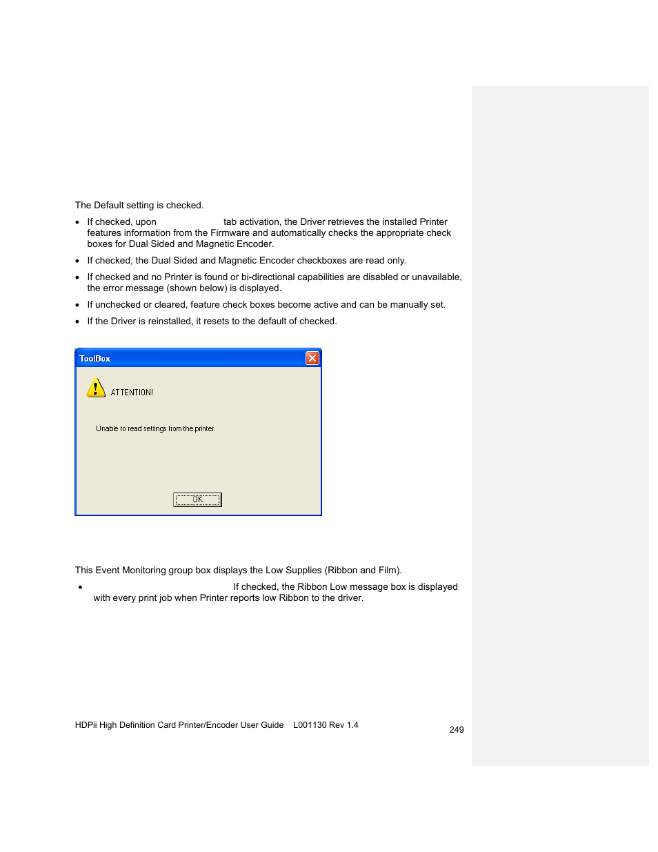 Using the configuration tab, Using the optional printer features group box, Using the event monitoring group box | HID FARGO HDPii User Guide User Manual | Page 249 / 310