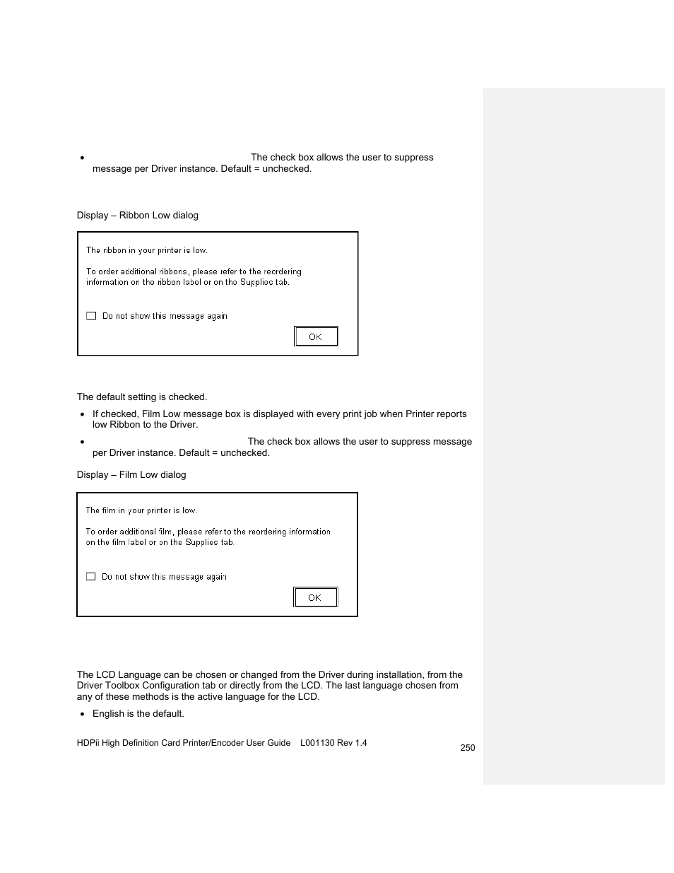 Reviewing the ribbon low message, Using the film low message | HID FARGO HDPii User Guide User Manual | Page 250 / 310