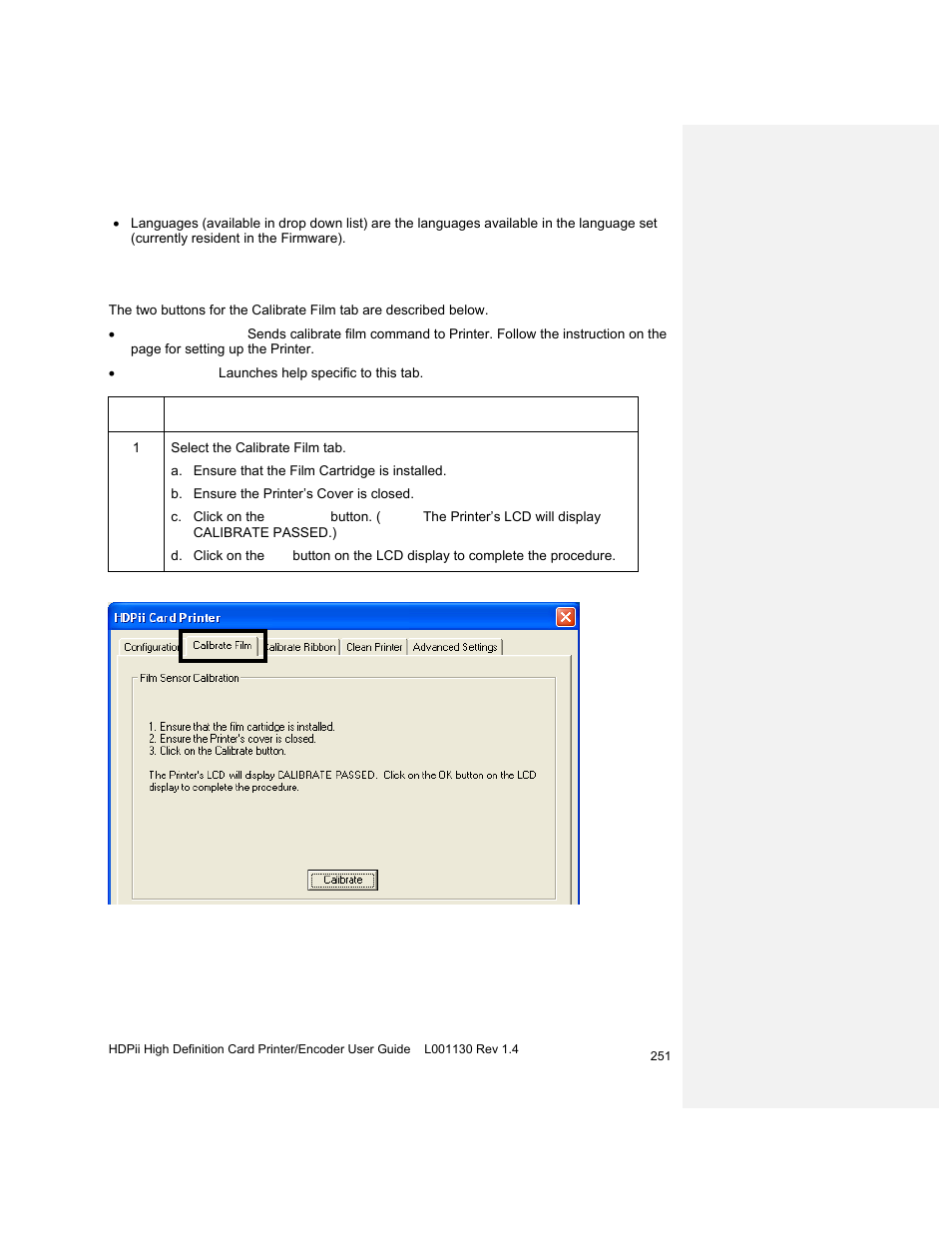 Selecting the calibrate film tab | HID FARGO HDPii User Guide User Manual | Page 251 / 310