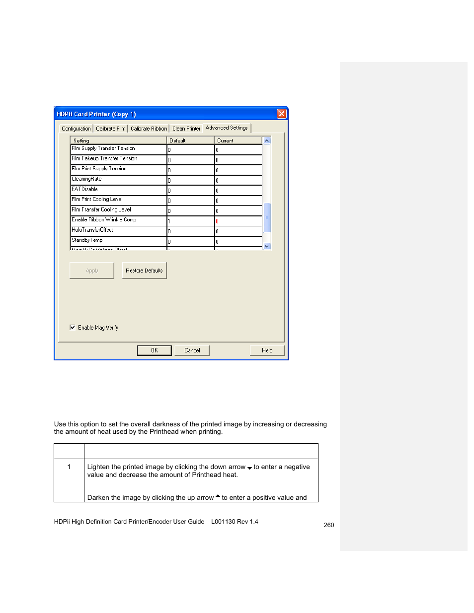 Advanced settings description, Using the image darkness option | HID FARGO HDPii User Guide User Manual | Page 260 / 310