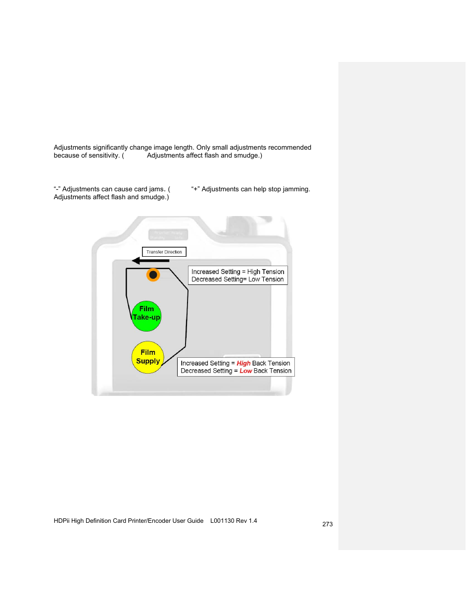 Transfer tension settings, Using the film supply transfer tension option, Using the film takeup transfer tension option | HID FARGO HDPii User Guide User Manual | Page 273 / 310