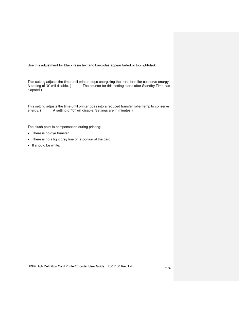 Using the resin heat adjust option, Using the sleep time option, Using the standby time option | Using the blush point option | HID FARGO HDPii User Guide User Manual | Page 274 / 310