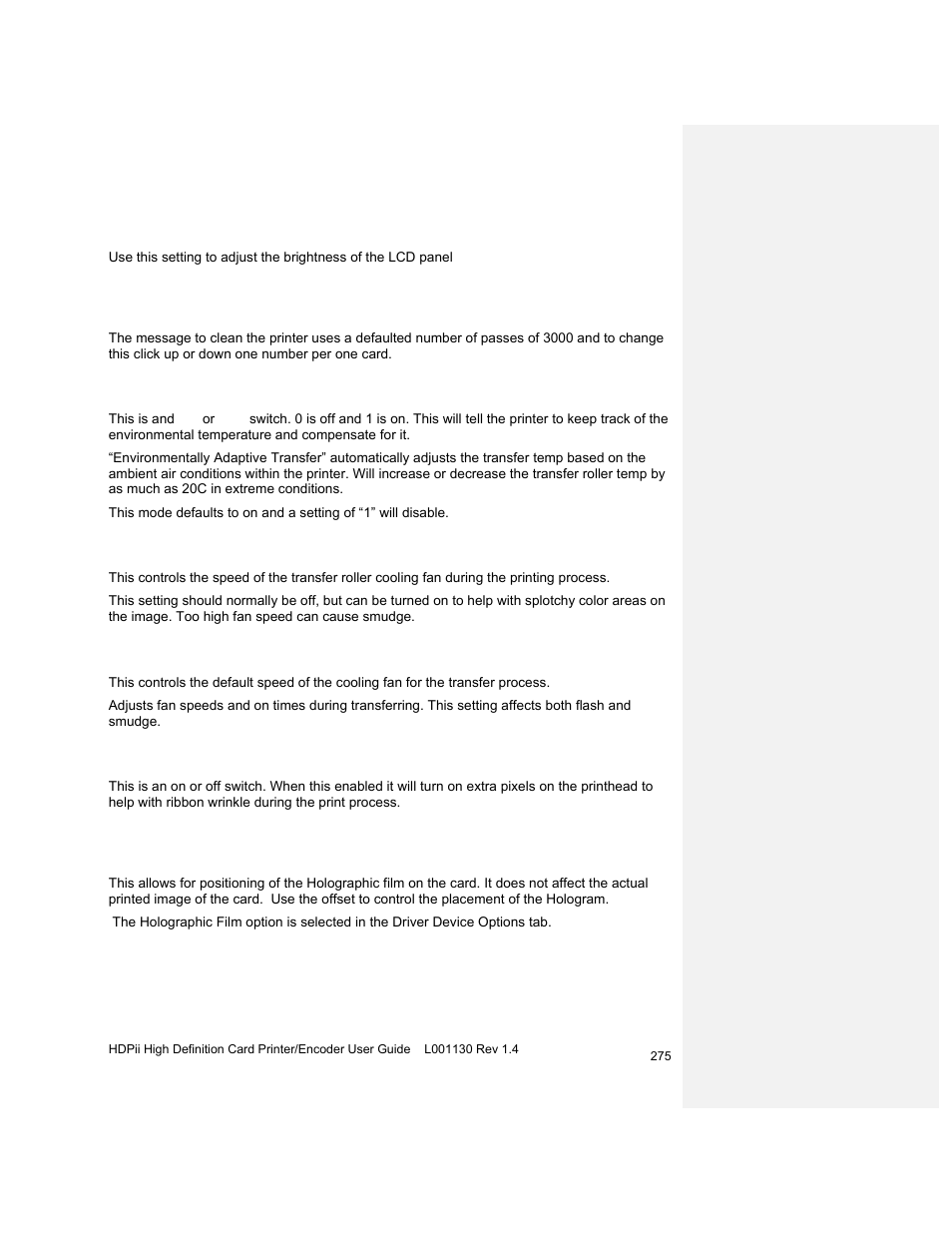 Using the lcd contrast option, Using the cleaning rate option, Using the eat disable option | Using the film print cooling level option, Using the film transfer cooling level option, Holotransfer offset | HID FARGO HDPii User Guide User Manual | Page 275 / 310