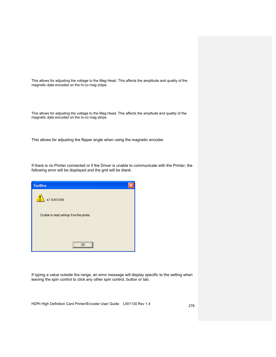 Mag hi-co voltage offset, Mag lo-co voltage offset, Mag flipper angle offset | Reviewing the no printer connected error message | HID FARGO HDPii User Guide User Manual | Page 276 / 310