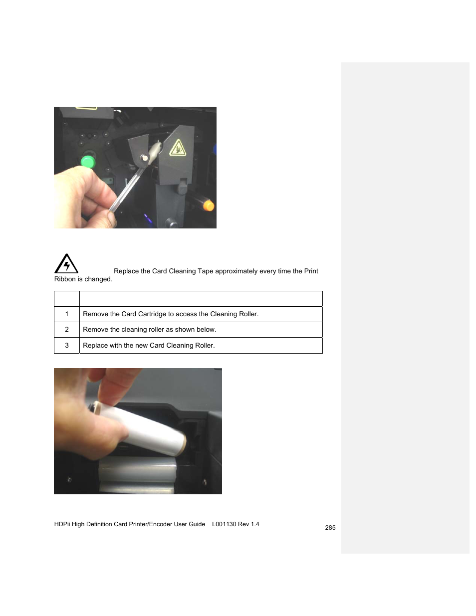 Replacing the card cleaning roller | HID FARGO HDPii User Guide User Manual | Page 285 / 310