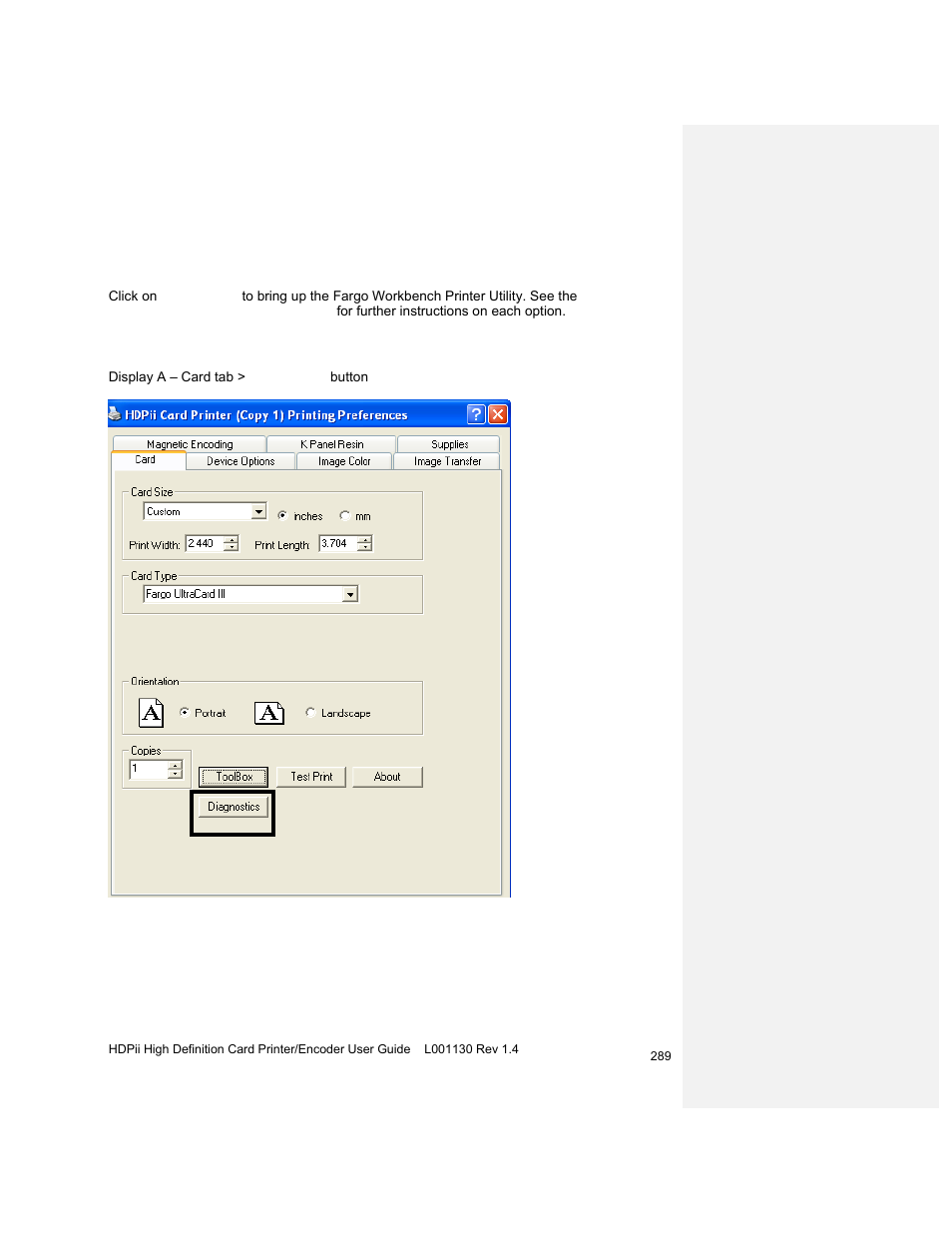 Section 11: fargo workbench printer utility, Reviewing the card tab and diagnostic button | HID FARGO HDPii User Guide User Manual | Page 289 / 310