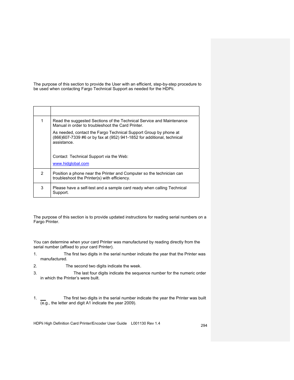 Section 14: hidglobal technical support, Contacting technical support, Reading the serial numbers on a fargo printer | Reviewing example no. 1: serial number a9280224 | HID FARGO HDPii User Guide User Manual | Page 294 / 310